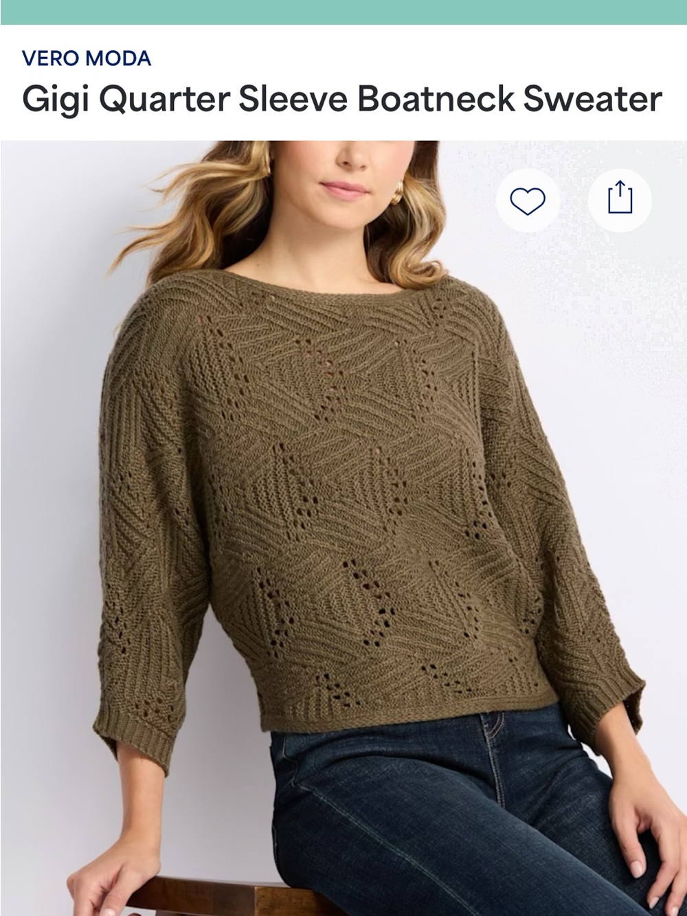 Vera Moda Gigi Quarter Sleeve Boatneck Sweater in Olive